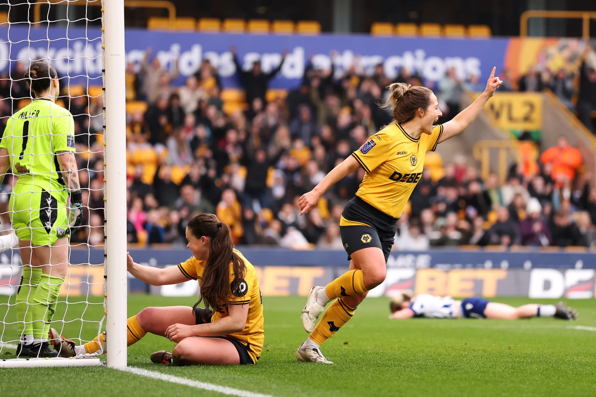 Becky Anderson of Wolverhampton Wanderers celebrates after scoring against West Bromwich Albion Women on March 23.