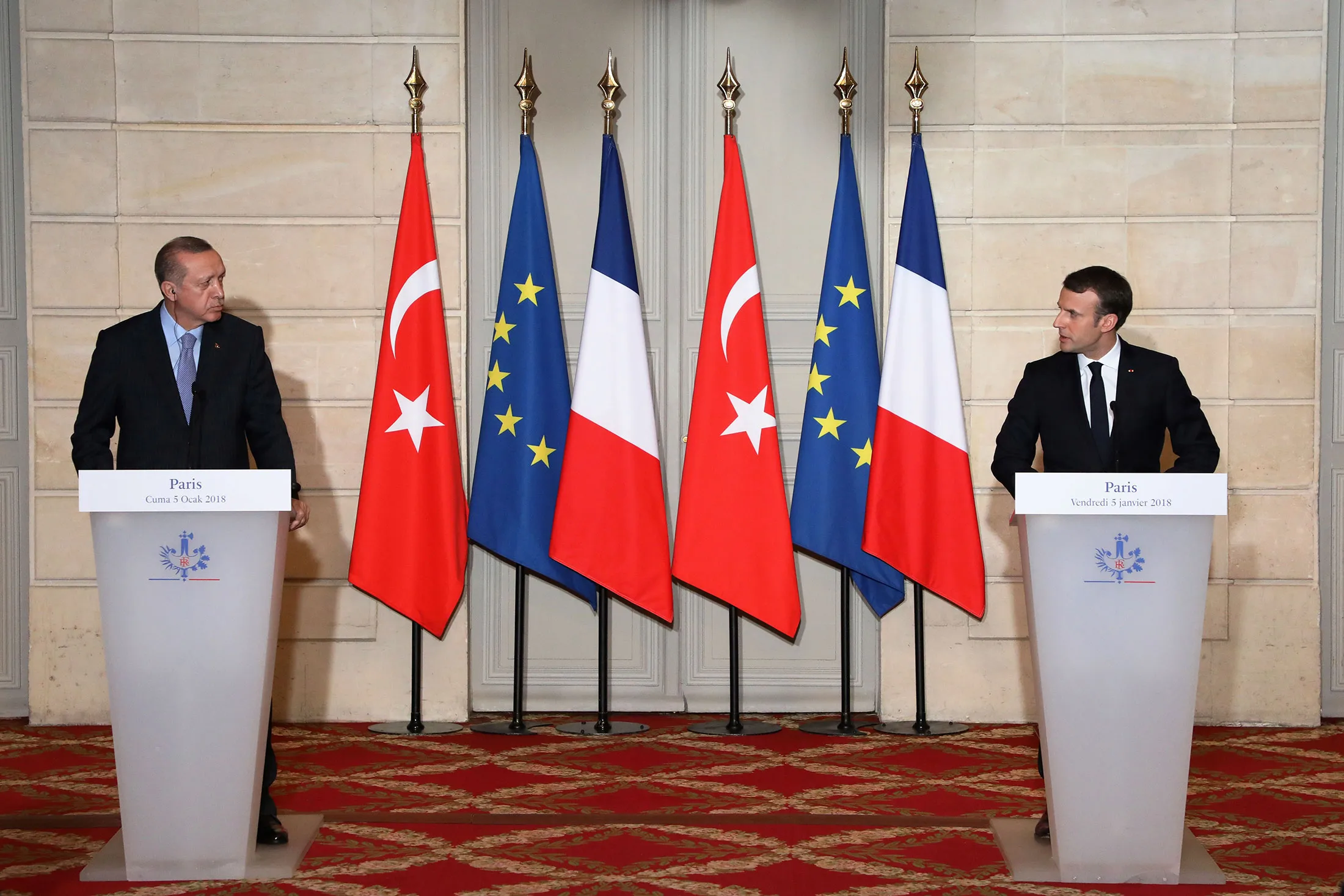 Emmanuel Macron and Recep Tayyip Erdogan&nbsp;in&nbsp;Jan&nbsp;&nbsp;2018.