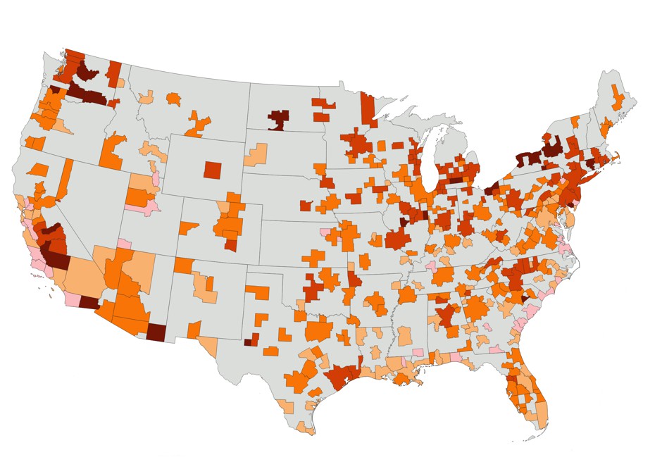 A map of the money service-class workers have left over after paying for housing. In the lightest colored metros the average is less than $18,000. In the darkest colored metros it is more than $24,000.