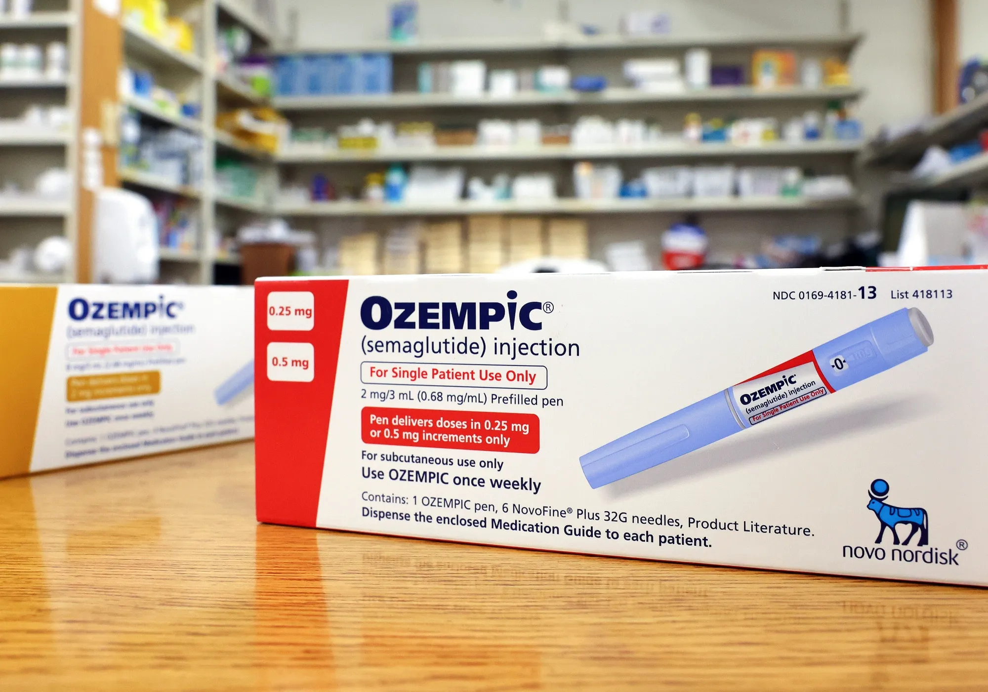 Boxes of&nbsp;Ozempic at&nbsp;pharmacy counter in Los Angeles, California.&nbsp;