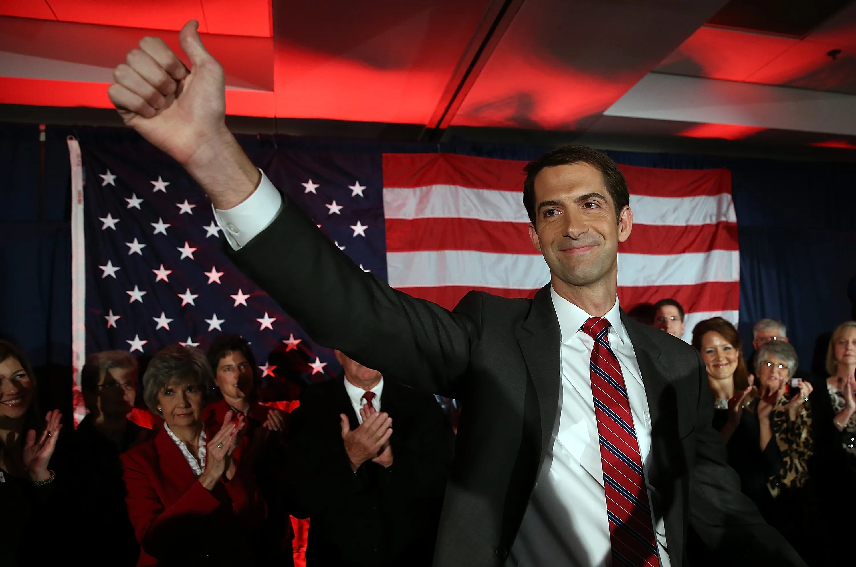U.S. Rep. Tom Cotton and republican U.S. Senate elect in Arkansas greets supporters during an election night gathering on November 4, 2014 in North Little Rock, Arkansas. Cotton defeated two-term incumbent democrat U.S. Sen. Mark Pryor.
