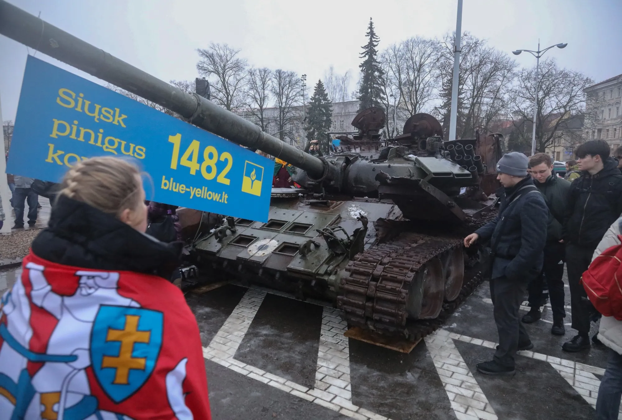 A destroyed Russian&nbsp;T-72 tank in Vilnius, Lithuania.