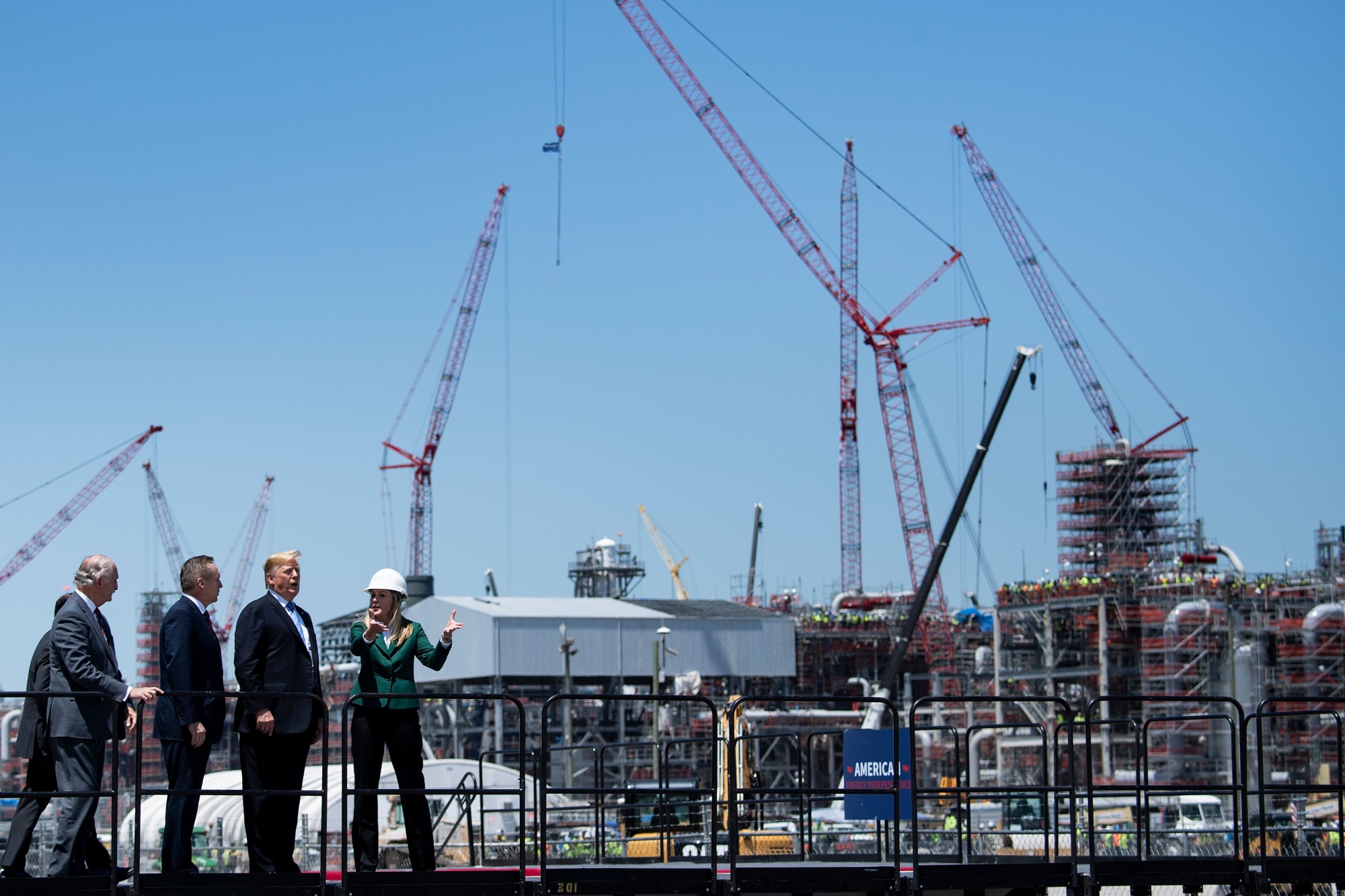 Donald Trump and others tour the Cameron LNG Export Facility in Hackberry, Louisiana, on May 14, 2019.