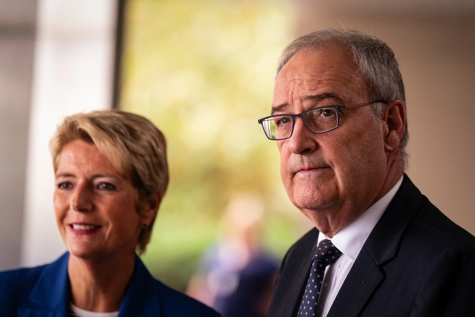 Guy Parmelin, right, and Karin Keller-Sutter, in Washington, DC, in August.