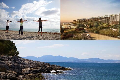 Clockwise from top left: a beach workout; a rendering of the new hotel; the beach at Kaplankaya.