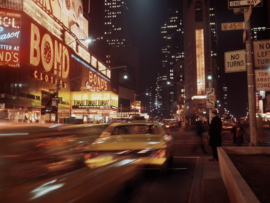 A nighttime view near Times Square in New York, 1970.
