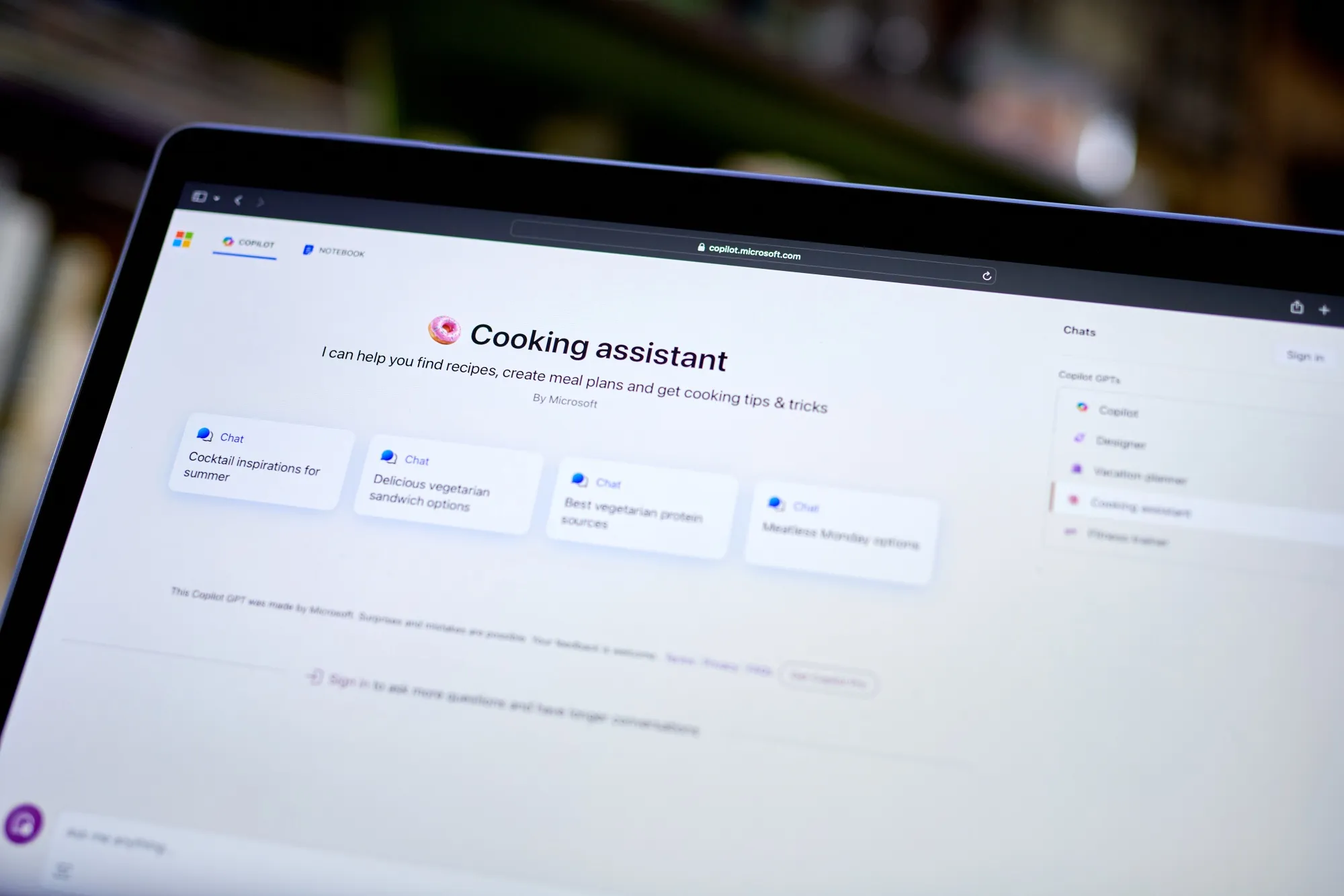 A cooking assistant on the Copilot website arranged on a laptop in New York, US