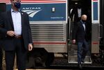 Then-Democratic presidential nominee Joe Biden disembarks at a campaign stop at Alliance Amtrak Station Sept. 30 in Alliance, Ohio. Biden was on a day-long rail trip across Ohio and Pennsylvania.