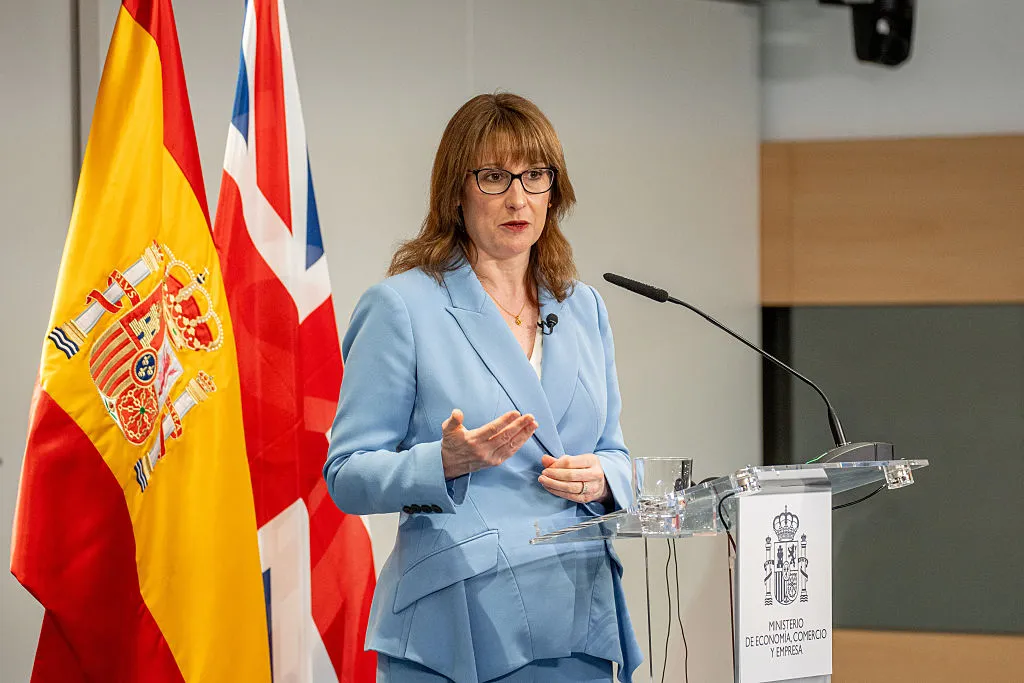 Rachel Reeves speaks to the media at the Ministry of Finance in Madrid on March 18.&nbsp;