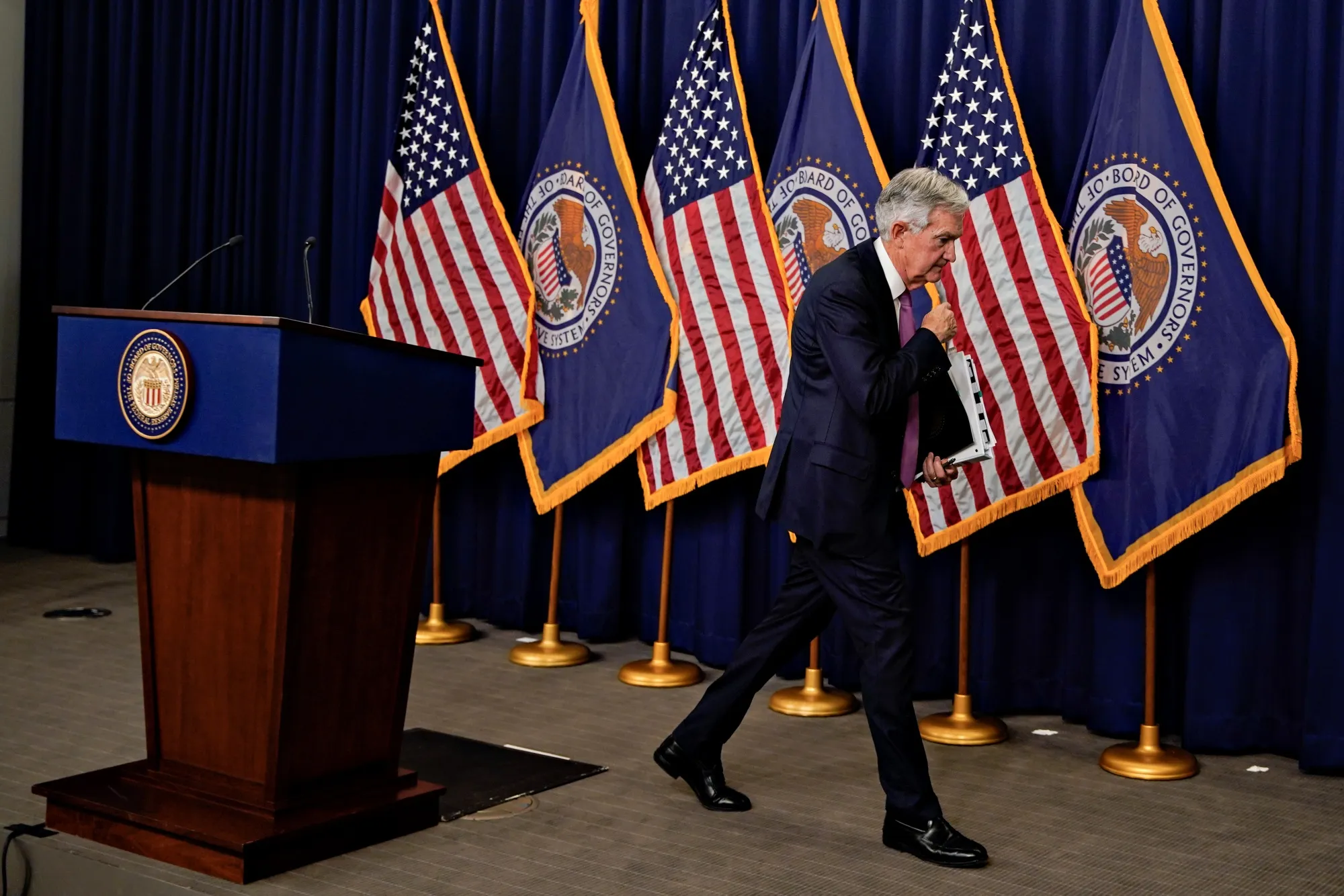 Jerome Powell&nbsp;exits after speaking during a news conference following a FOMC&nbsp;meeting in Washington, DC, on Feb. 1.