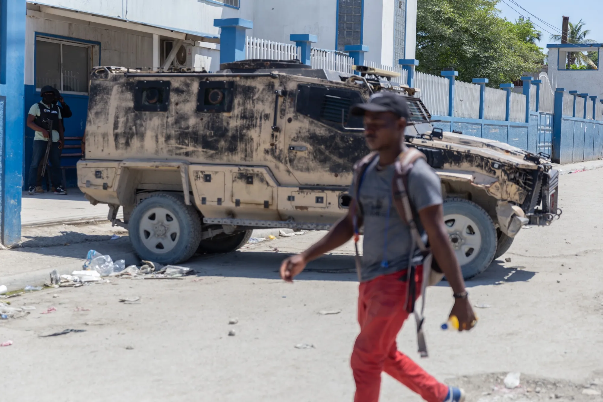 A damaged armored police vehicle&nbsp;in the capital of Port-au-Prince.