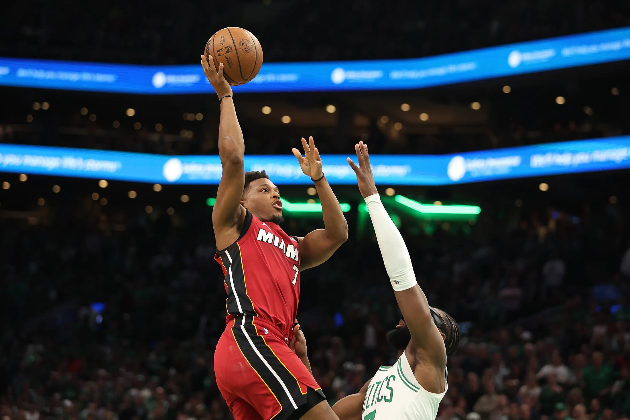 Kyle Lowry&nbsp;of the Miami Heat drives to the basket against Jaylen Brown of the Boston Celtics during the fourth quarter of game one of the Eastern Conference Finals at TD Garden in Boston, Massachusetts, on May 17.