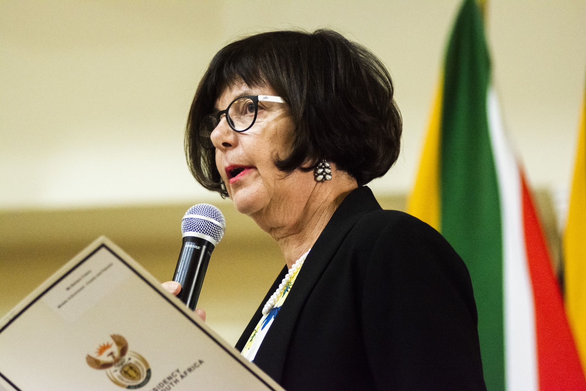 Barbara Creecy, South Africa's environment, forestry and fisheries minister, speaks during a swearing-in ceremony in Pretoria, South Africa, on Thursday, May 30, 2019. Now that South Africa's cabinet has been announced, the rand may join its emerging-market peers in being whipsawed by a trade war that has subdued markets worldwide.