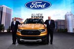 Ford Motor Company Executive Chairman Bill Ford (L) and James Hackett, Ford President and CEO, stand with the new 2019 Ford Ranger midsize truck at its debut at the 2018 North American International Auto Show January 14, 2018 in Detroit, Michigan.
