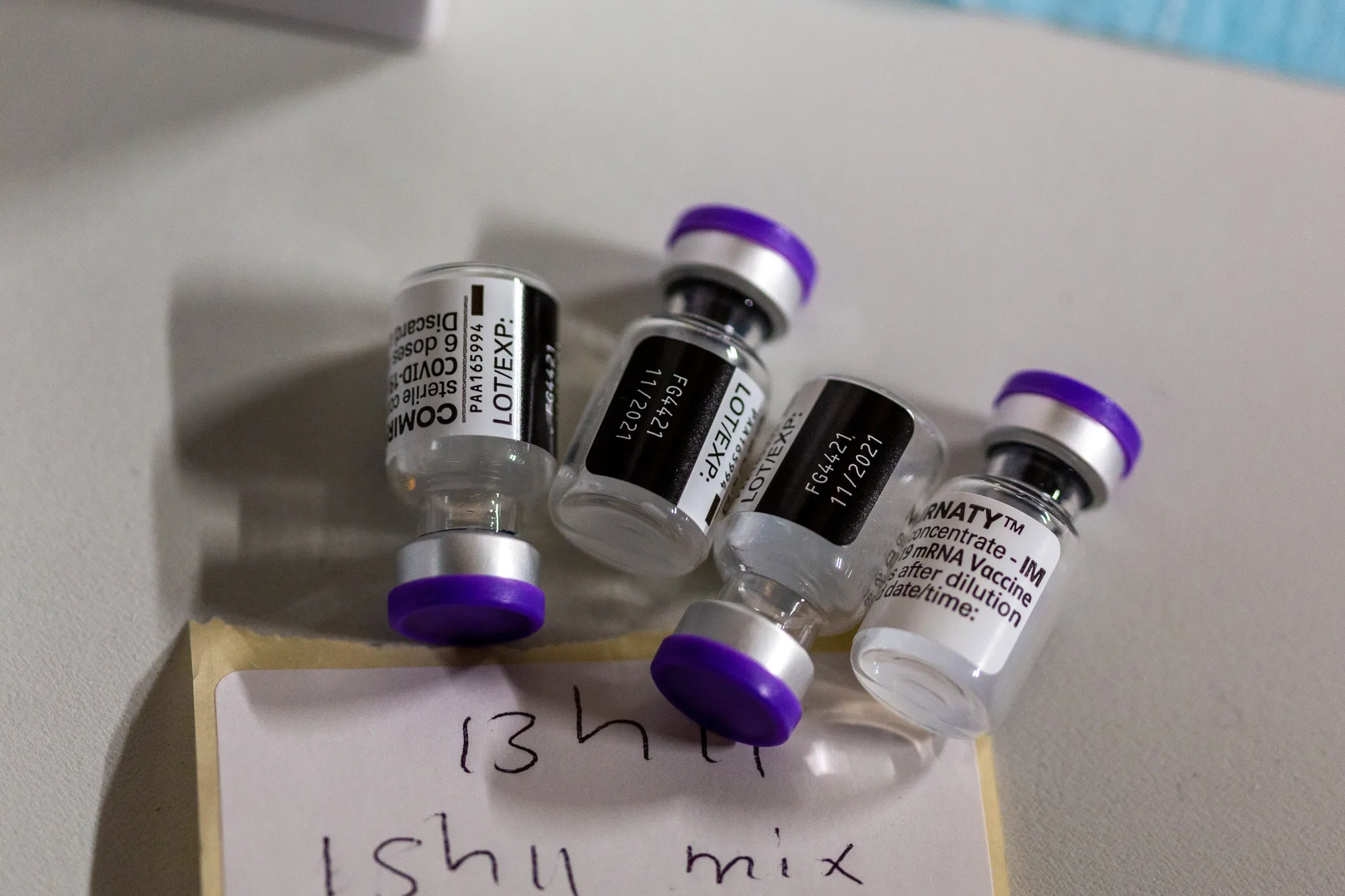 Vials of the Pfizer-BioNTech Comirnaty Covid-19 vaccine at a&nbsp;vaccination site&nbsp;in Cape Town, South Africa.