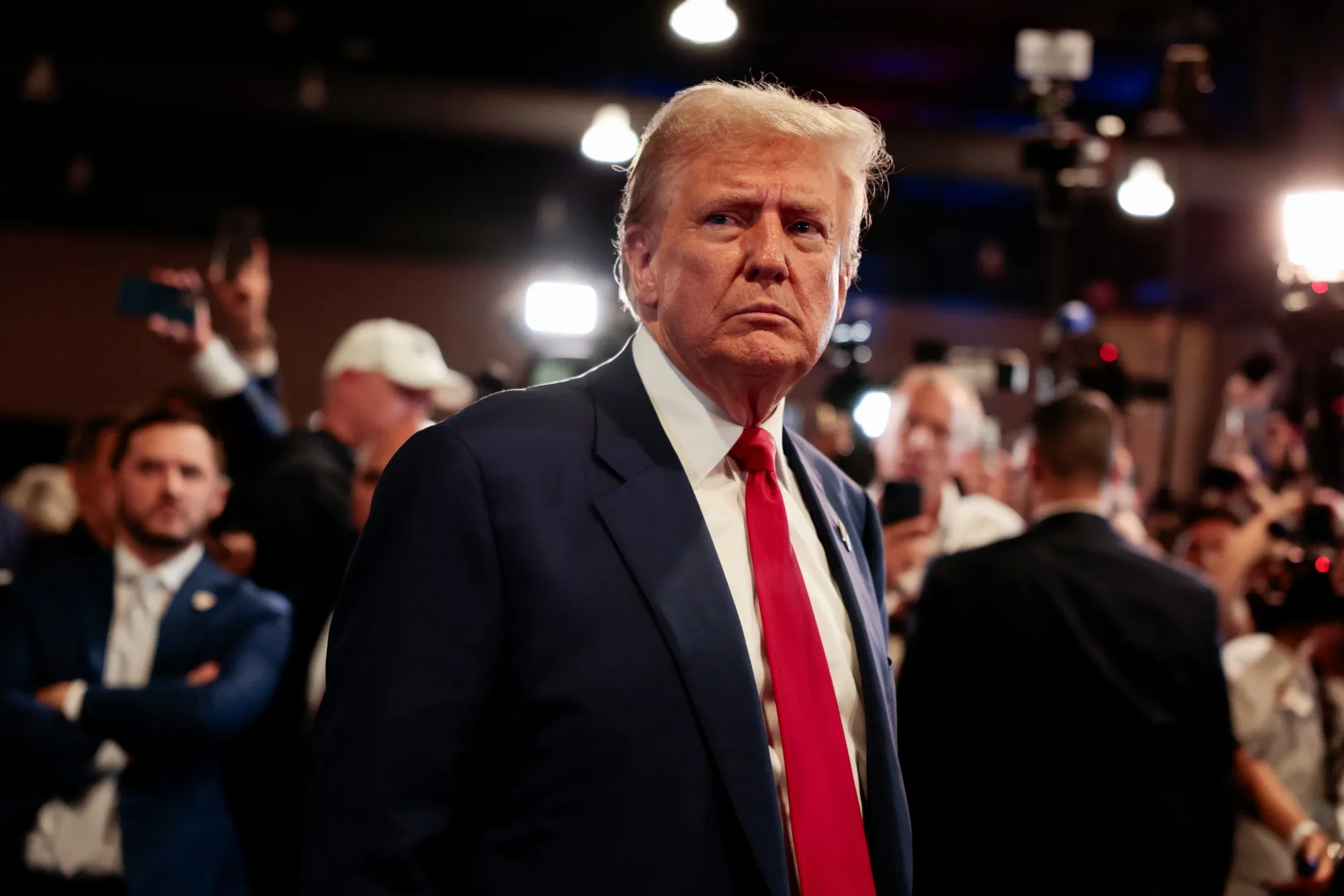 Donald Trump speaks to members of the media in the spin room following the second presidential debate at the Pennsylvania Convention Center in Philadelphia, Pennsylvania, on Sept. 10.&nbsp;