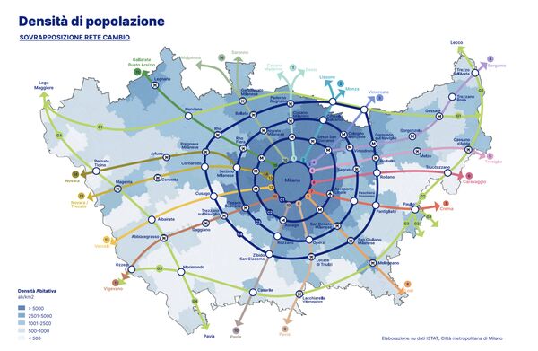 The cambio Biciplan network will extend far beyond the city's limits as this map of the network also showing the region's population density reveals