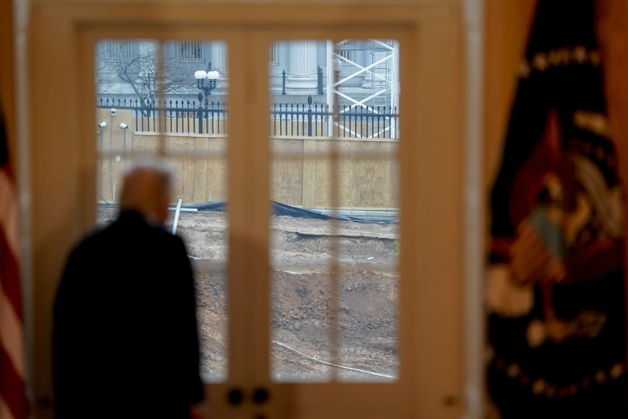 US President Donald Trump looks out at the White House Ballroom construction on Jan. 9, 2026.