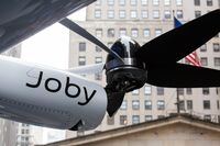 A Joby electric vertical take-off and landing (eVTOL) aircraft outside the New York Stock Exchange, Aug. 11, 2021.