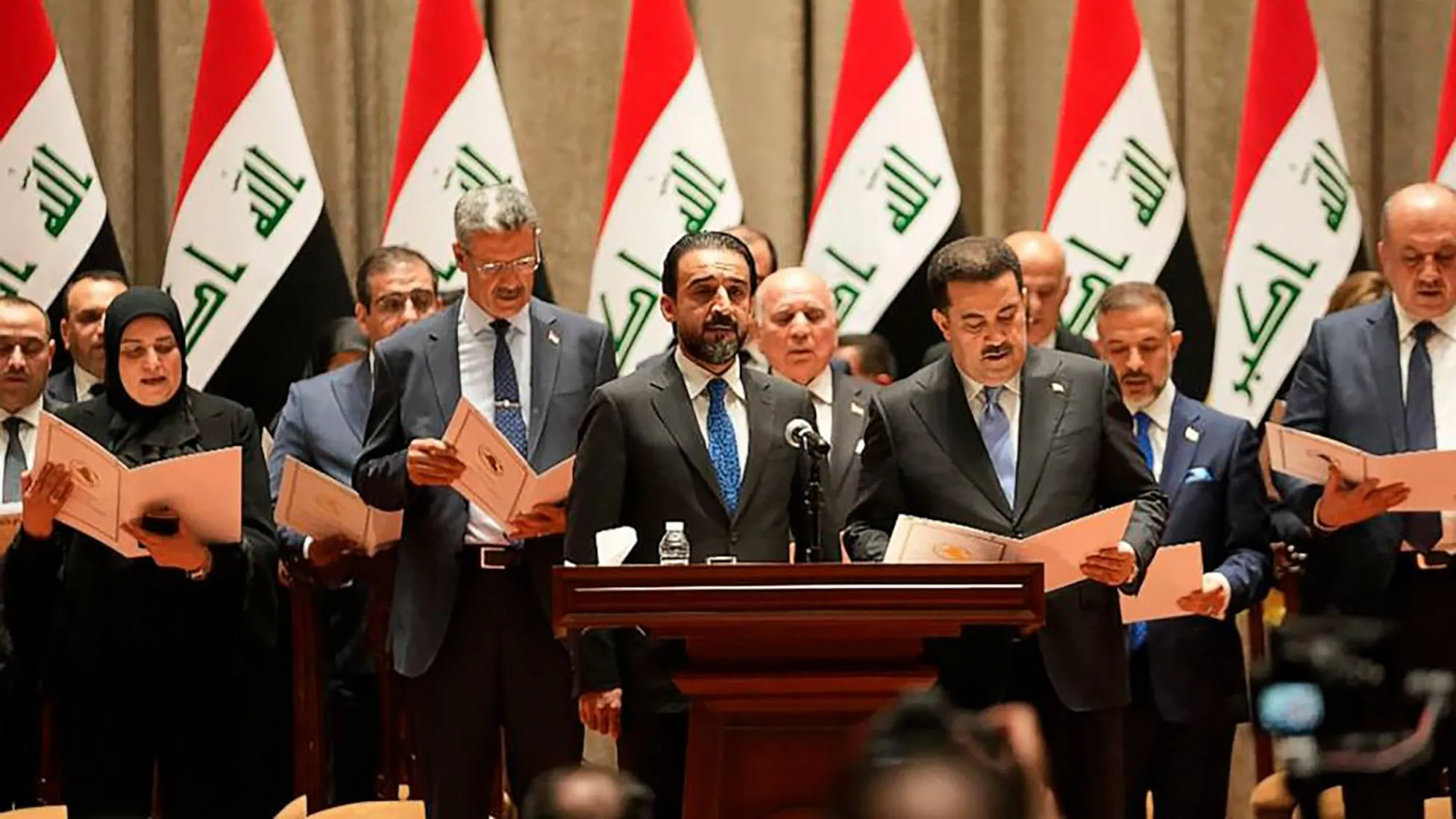Ministers of the new Iraqi government sworn in during the parliamentary session in Baghdad, Iraq, on Oct. 27.&nbsp;