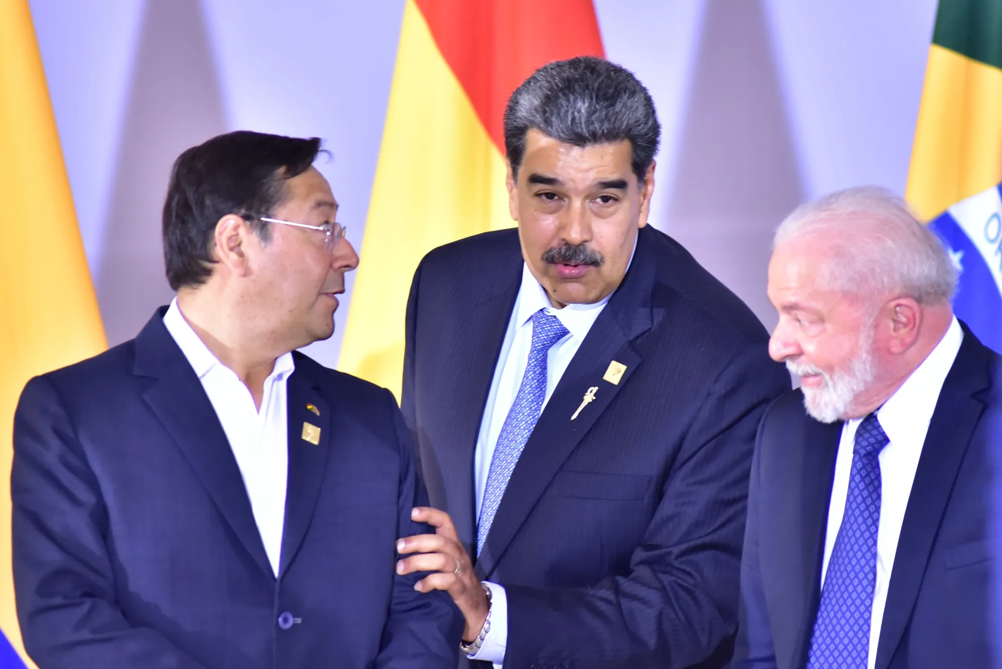Bolivia’s Luis Arce, from left, Venezuela’s Nicolas Maduro, and Brazil’s Luiz Inacio Lula da Silva during the South America Summit in Brasilia 