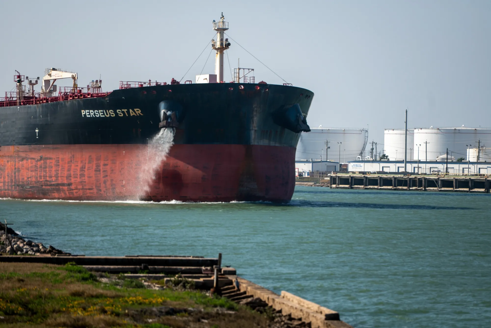 A crude oil tanker departs the Port of Corpus Christi in Corpus Christi, Texas.
