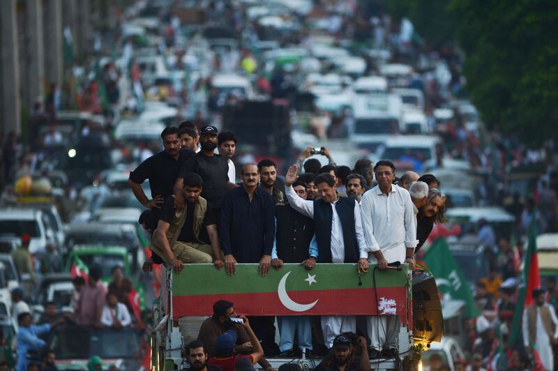 Imran Khan at a protest rally against the inflation, political destabilisation and continued hikes in fuel prices, on July 2.