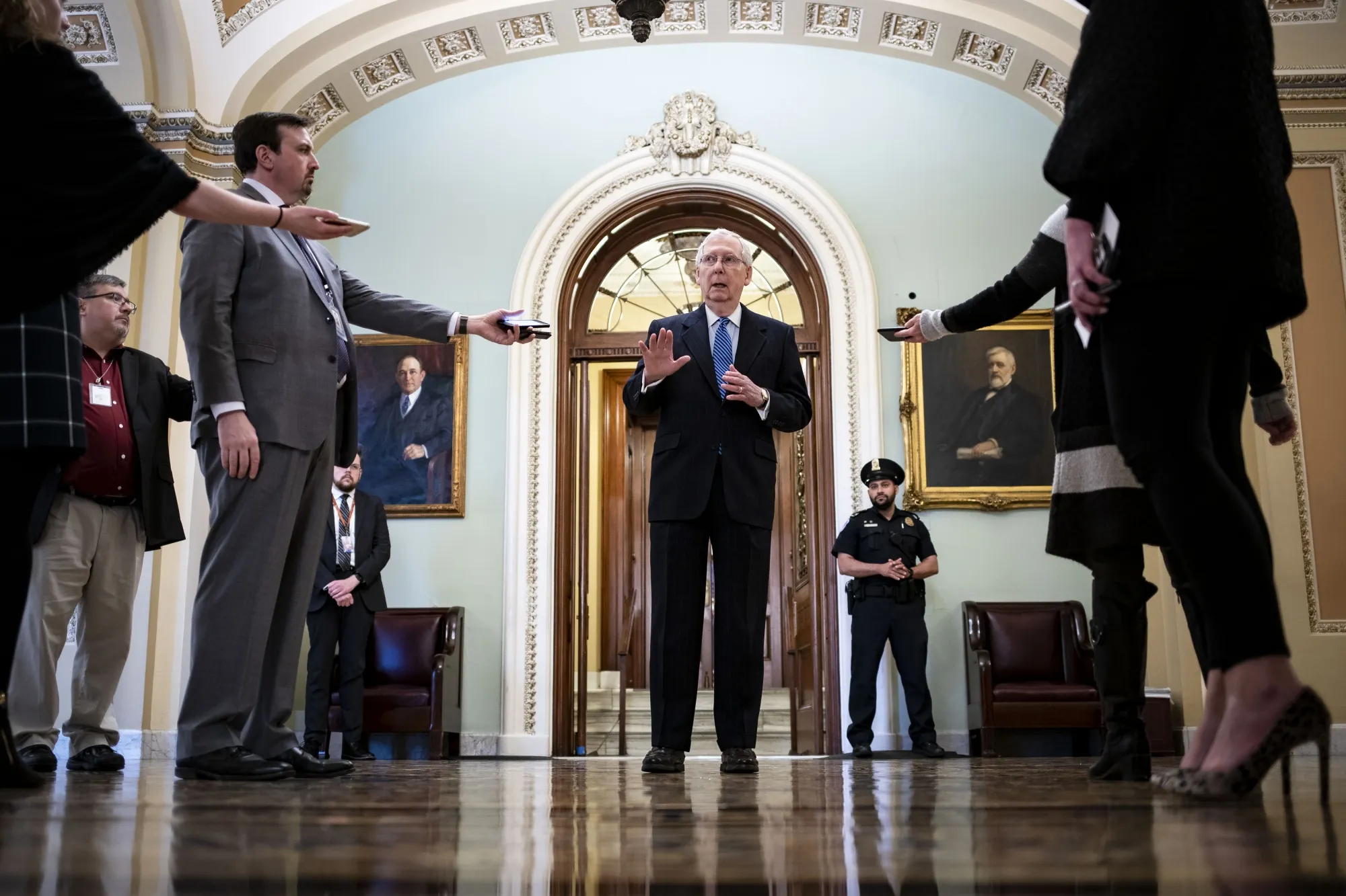 Senate Majority Leader Mitch McConnell speaks to members of the media&nbsp;at the U.S. Capitol on March 23.