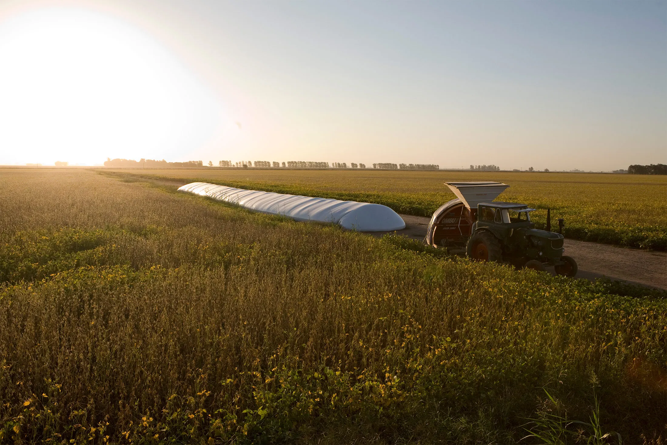 A tractor transfers soybeans into a silobag in Venado Tuerto, Argentina.