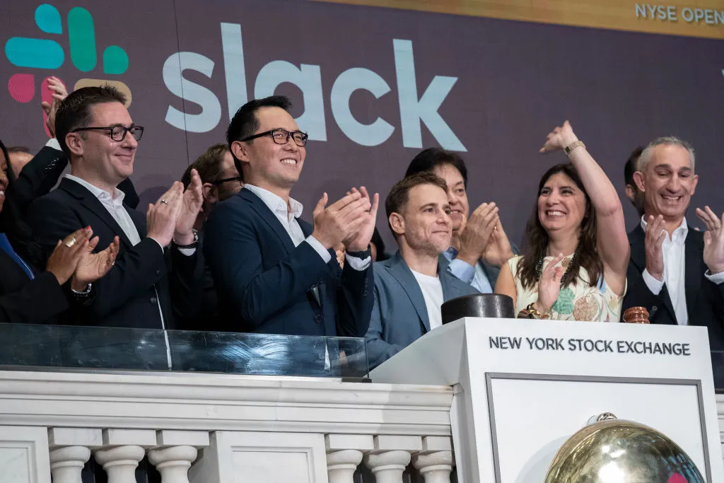 Slack executives&nbsp;ring the opening bell at the New York Stock Exchange on Thursday.