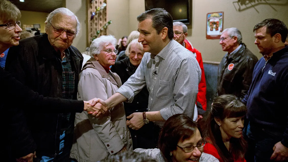 Republican presidential candidate Ted Cruz greets supporters at Charlie's Steakhouse on Jan. 4, 2016, in Carroll, Iowa.
