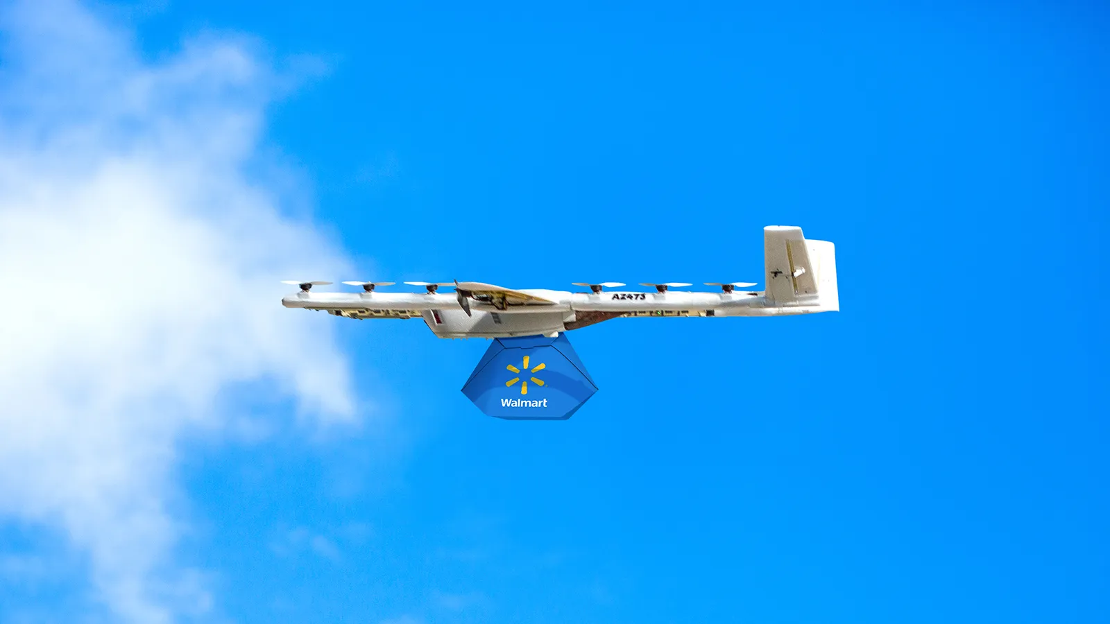 Artist's rendering of a Wing drone making a Walmart delivery.