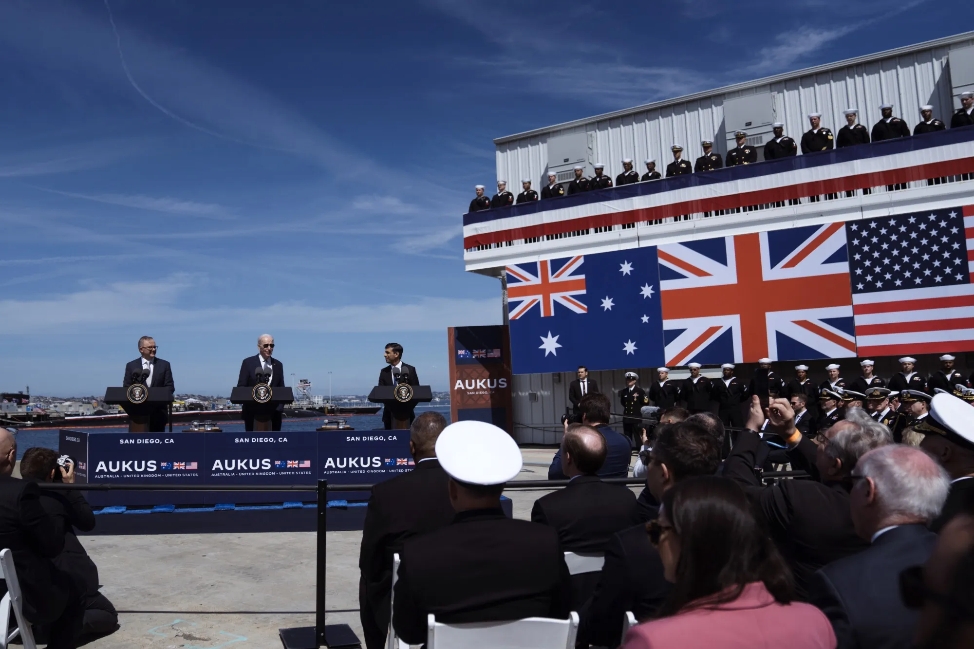 US President Joe Biden, center, unveiled the next phase of Aukus at Naval Base Point Loma with Anthony Albanese, Australia’s prime minister, and Rishi Sunak, UK prime minister, right, in San Diego on March 13, 2023. 