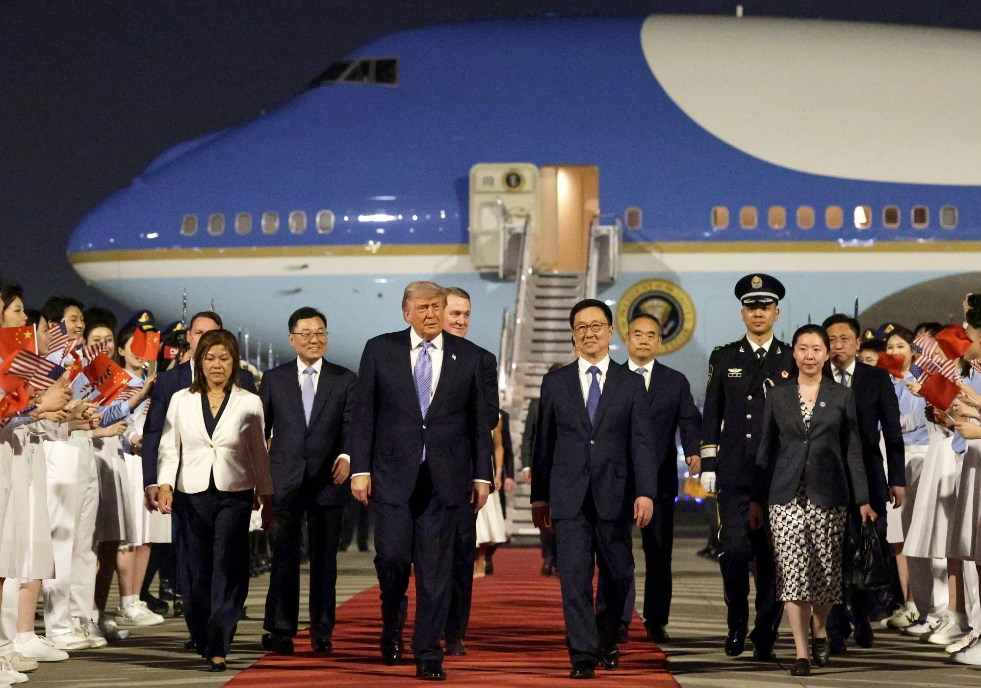 President Donald Trump arrives&nbsp; in Beijing, on May 13.