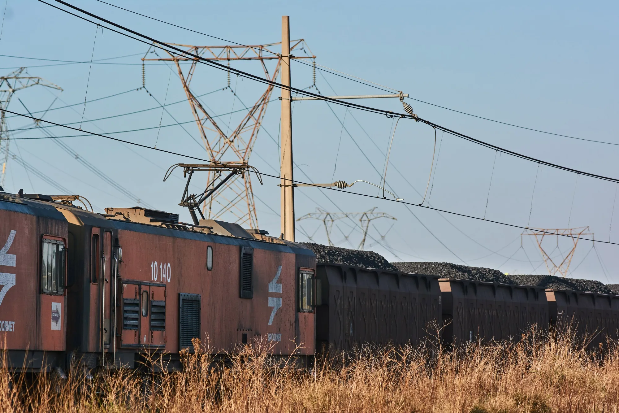 A Transnet freight train transports coal from a mine in Mpumalanga, South Africa.