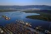 In this aerial photograph, rows of stacked shipping containers are seen&nbsp;at the Santos port in Sao Paulo.