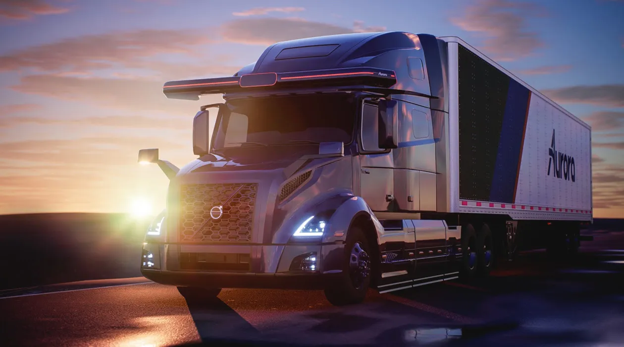 Rendering of a Volvo truck with Aurora Innovation technology.