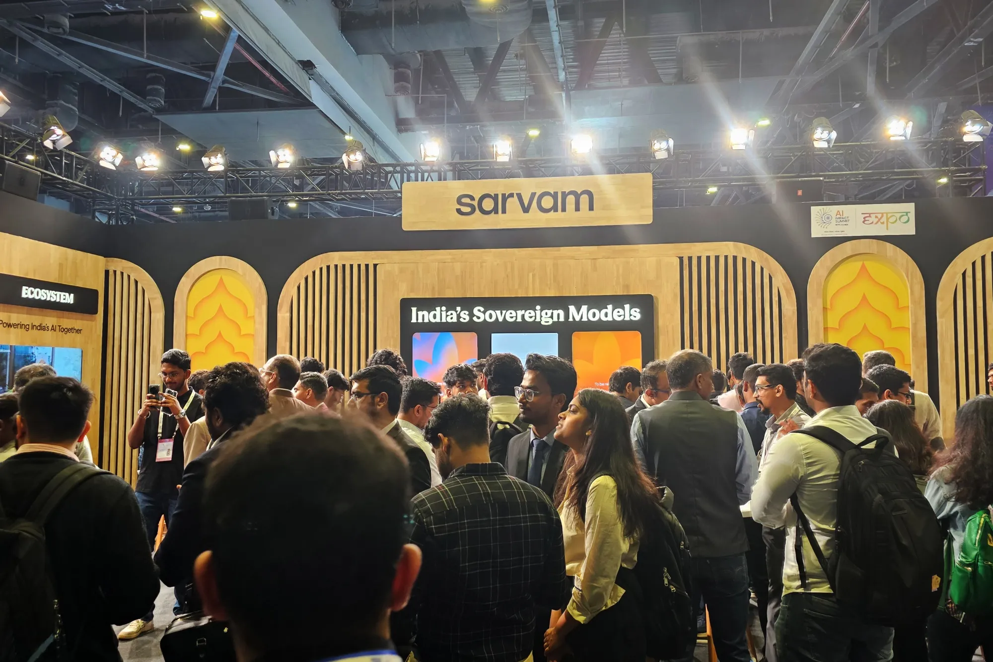 The Sarvam booth at the AI Impact Summit in New Delhi in February 2026.