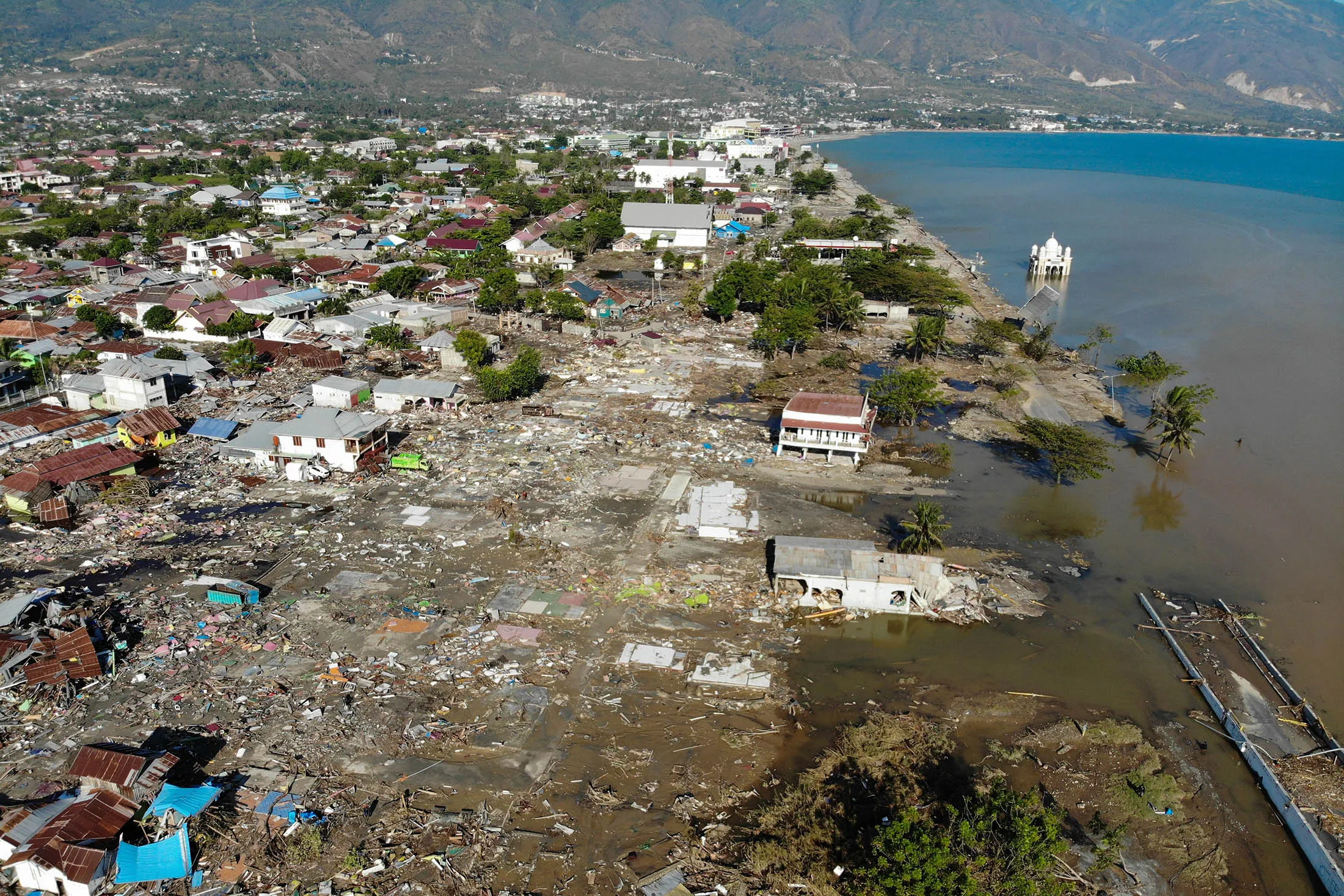 An aerial view of&nbsp;the earthquake and tsunami devastated neighborhood in Palu, Indonesia's Central Sulawesi on Oct.&nbsp;1.