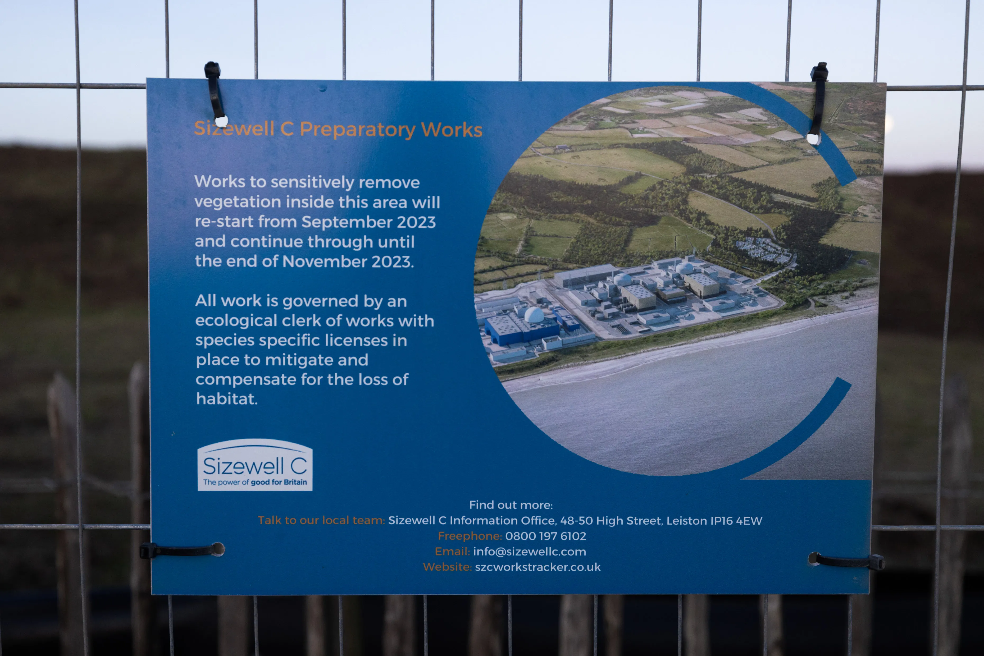 A sign regarding the preparatory works for the Sizewell C nuclear power station&nbsp;in Sizewell.