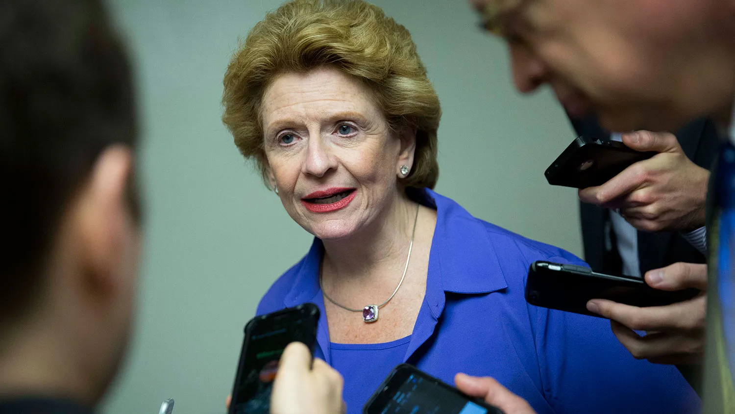 Senator Debbie Stabenow talks to reporters on July 28, 2015, in Washington.

