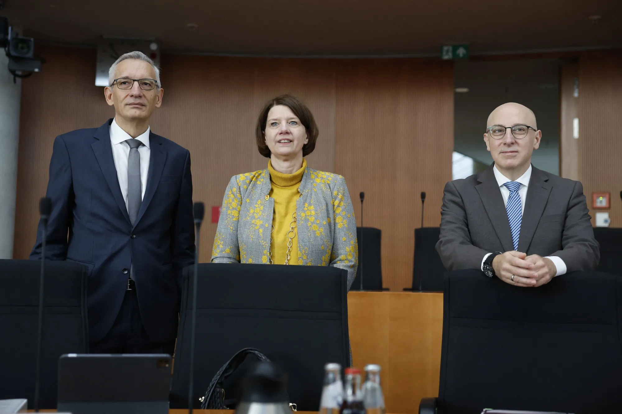 The heads of Germany’s three main intelligence services, Martin Jaeger, left, Martina Rosenberg, center, and Sinan Selen in Berlin, on Oct. 13.&nbsp;