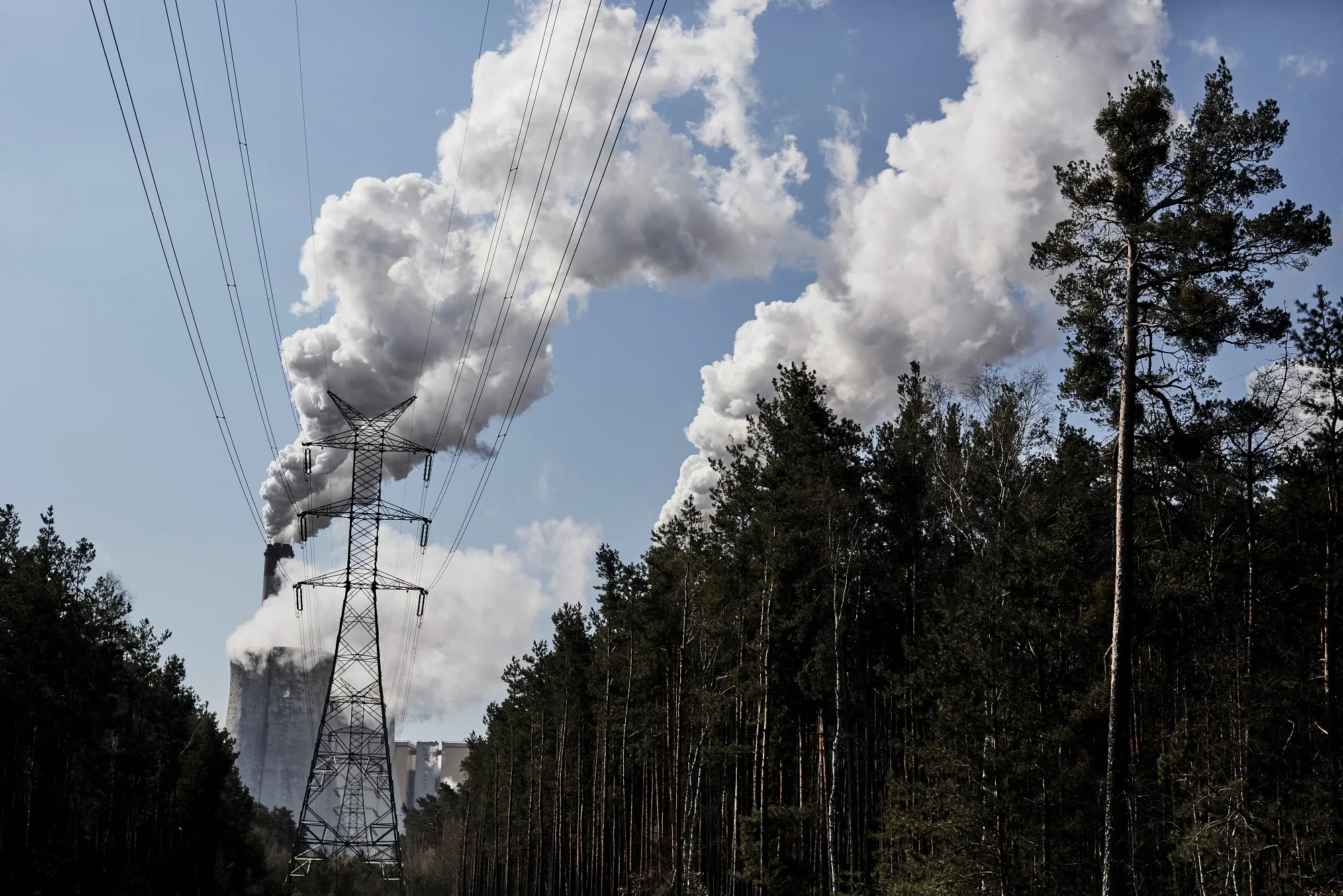 An electricity transmission pylon in Belchatow, Poland.
