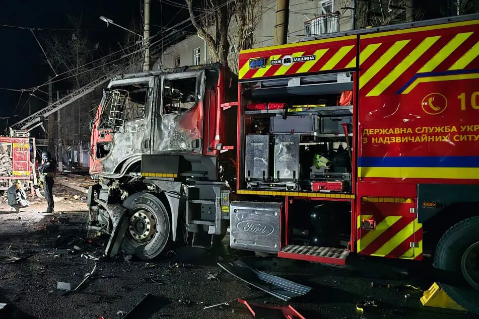 A damaged emergency services vehicle following a Russian strike in Kharkiv, Ukraine, overnight.
