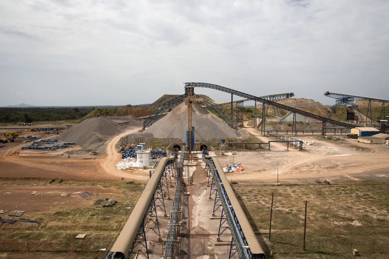 Gold bearing rock moves along conveyor belts at the production plant for the Loulo-Gounkoto gold mine complex in Loulo, Mali.