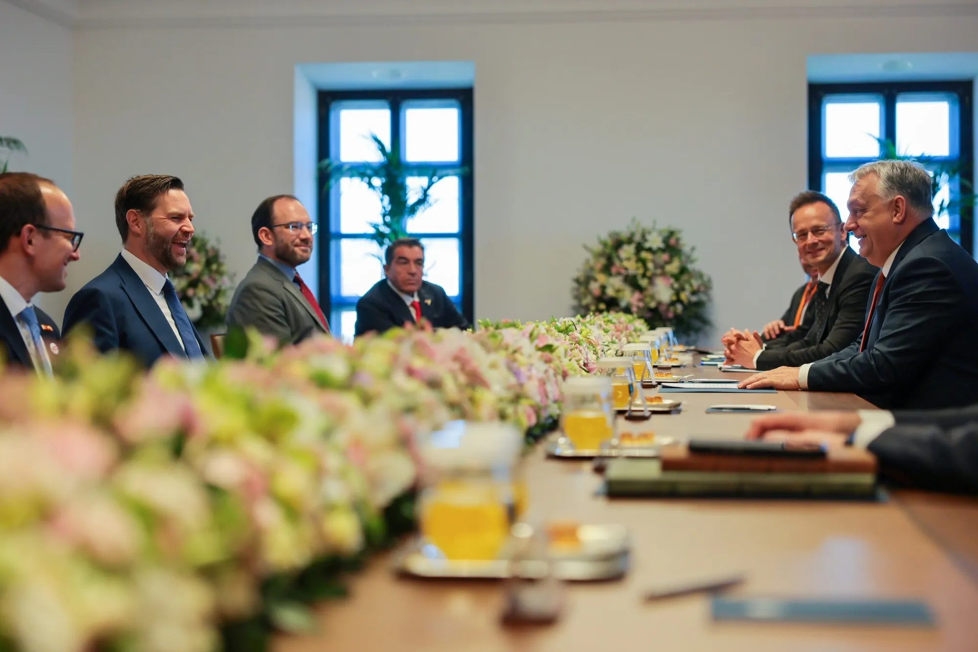 Viktor Orban, right, speaks with US Vice President JD Vance in Budapest on April 7.