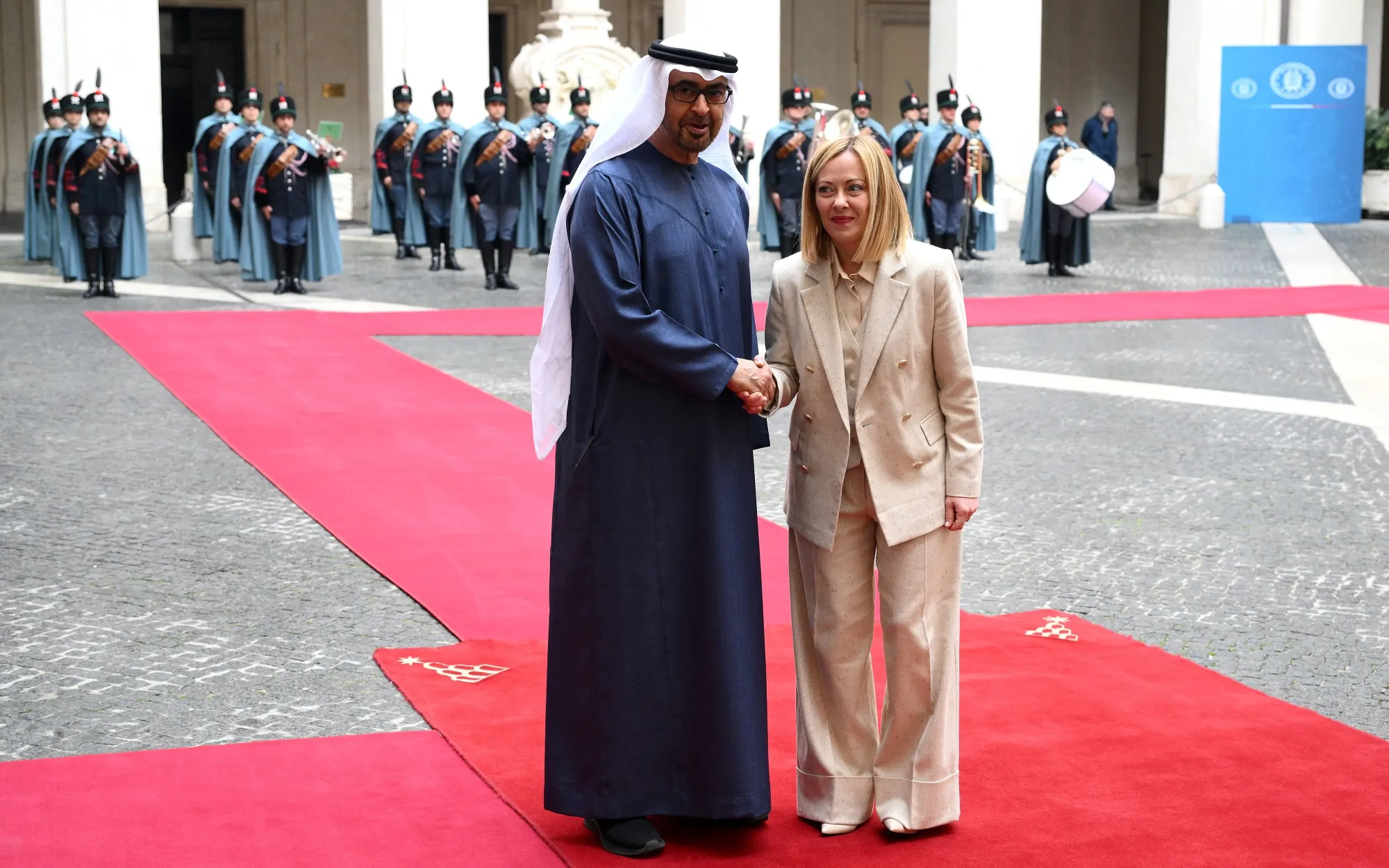 Giorgia Meloni and Sheikh Mohamed bin Zayed Al Nahyan&nbsp;in Rome on Feb. 24.