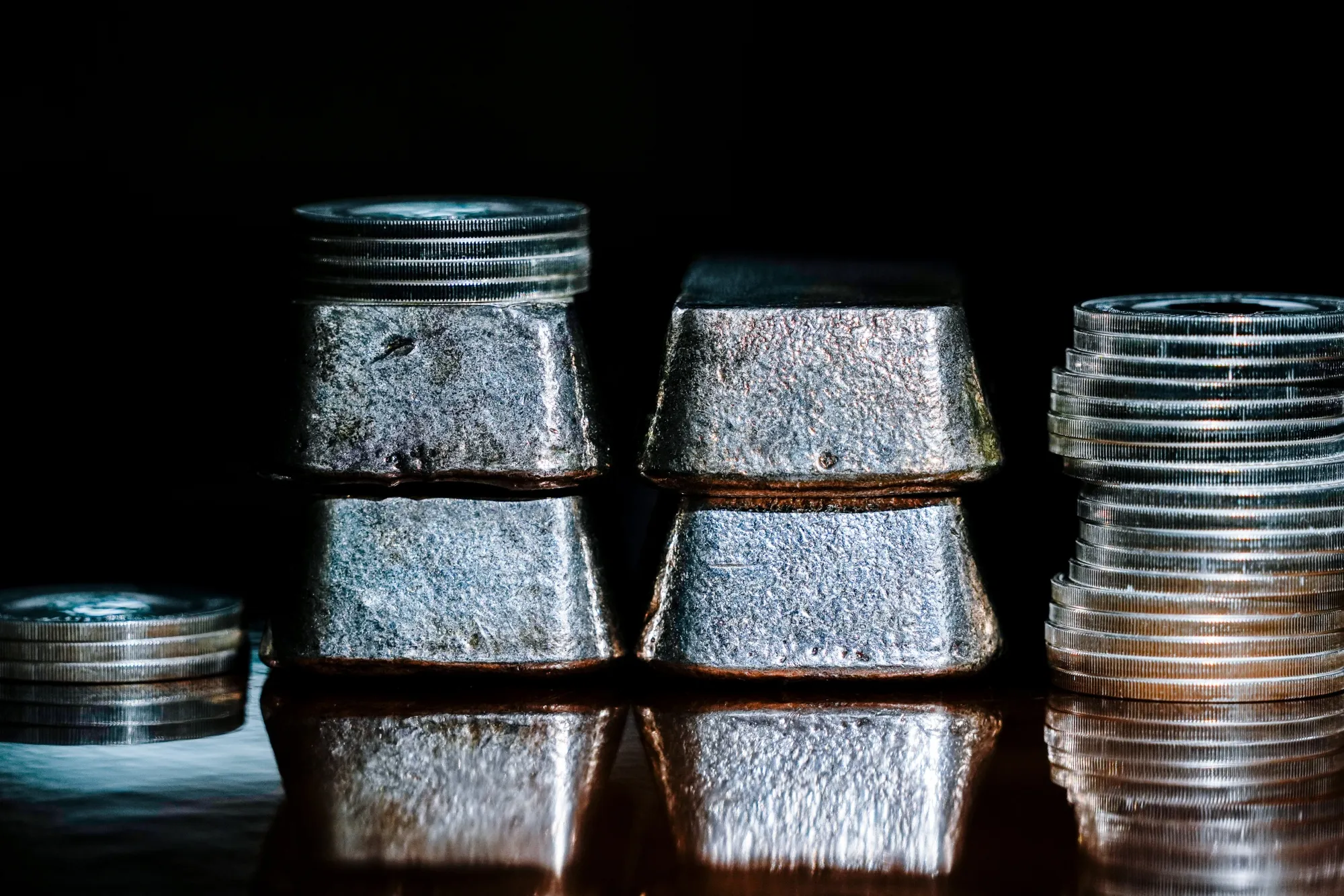 Silver coins and bars. Not quite as shiny today.