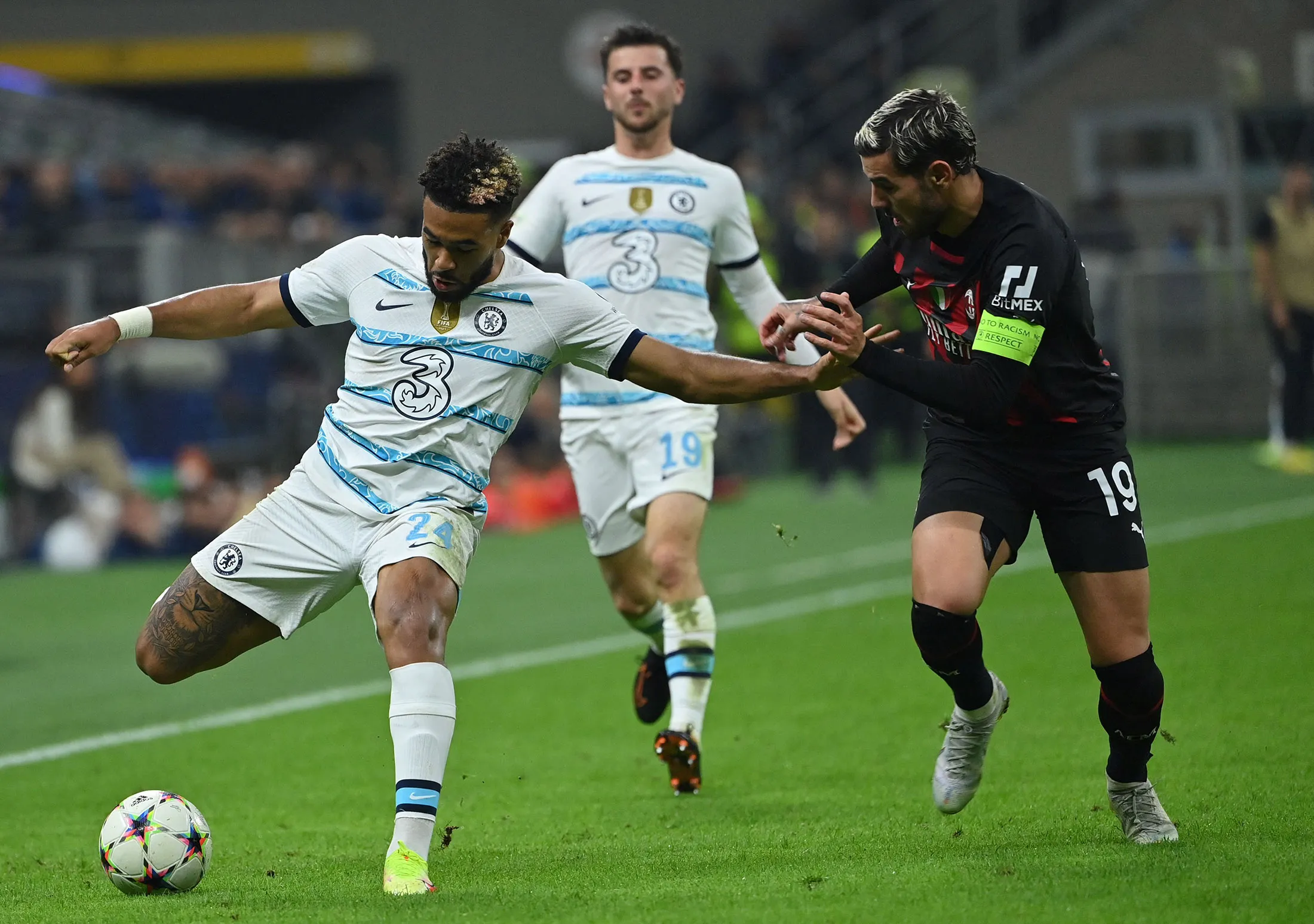 Chelsea's&nbsp;Reece James, left, fights for the ball with AC Milan's Theo Hernandez during the UEFA Champions League group E match&nbsp;at the San Siro stadium, in Milan, on Oct. 11.