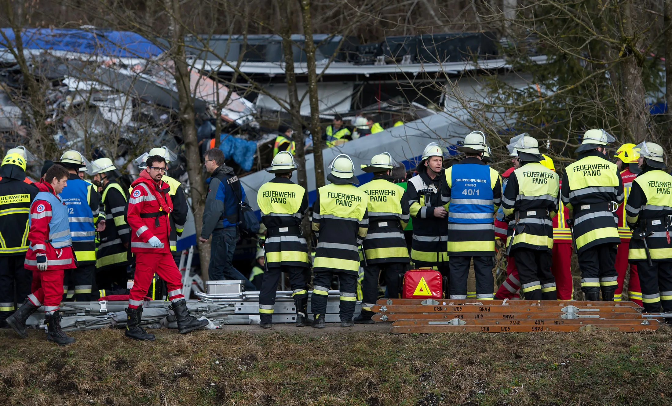 Emergency crews work at the site of a train crash near Bad Aibling, southern Germany, on Feb. 9, 2016.
